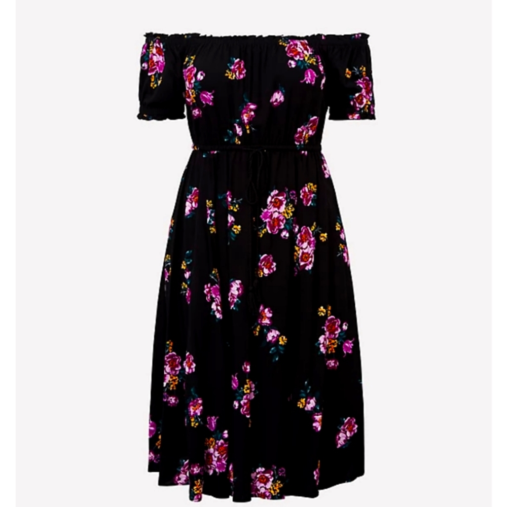 Size 2 BLACK FLORAL CHALLIS OFF SHOULDER MIDI DRESS